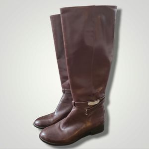 7.5, brown, Antonio Melani leather boots, length hits just below the knee.